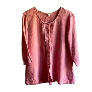 Eileen Fisher 100% Linen Pintucked Button Down Top Size M Coral Pink Boxy Blouse